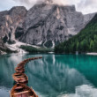 Lago di Braies and wooden boats, Dolomites, Italy