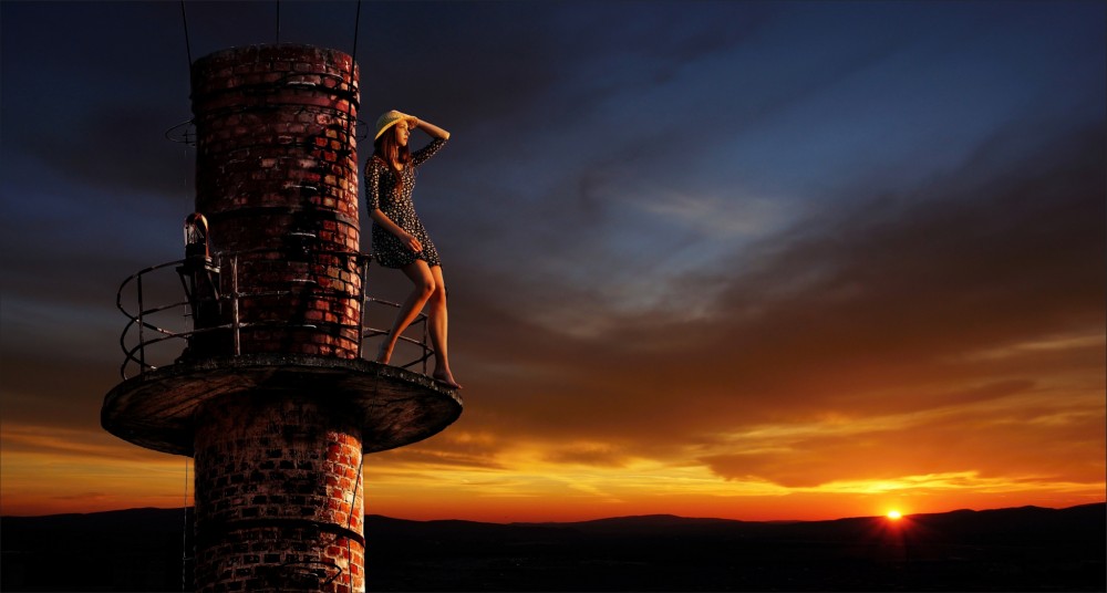 dievča na starom komíne