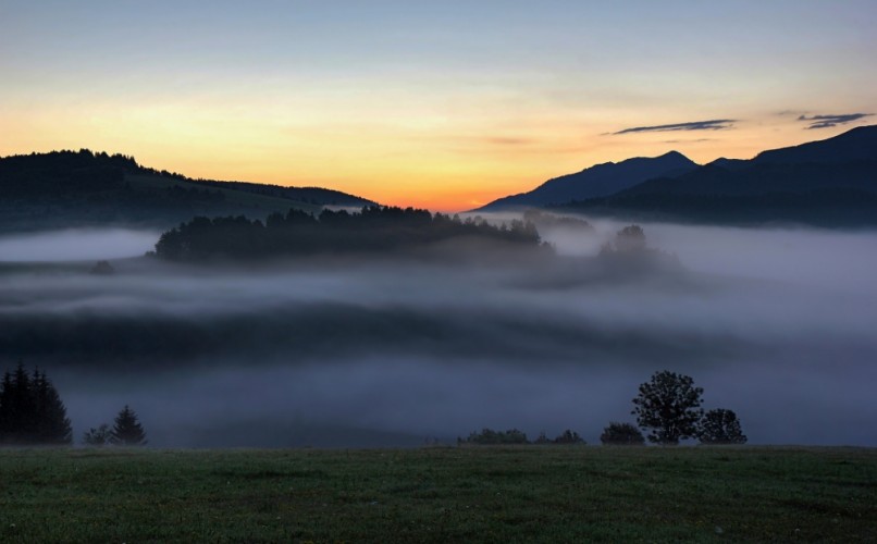 krajina, hmla, východ slnka