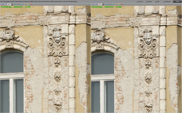 Všimnite si zreteľnejšie detaily na na štruktúre ornamentov a tváre. Vľavo EOS 5Ds, vpravo EOS 5Ds R. 