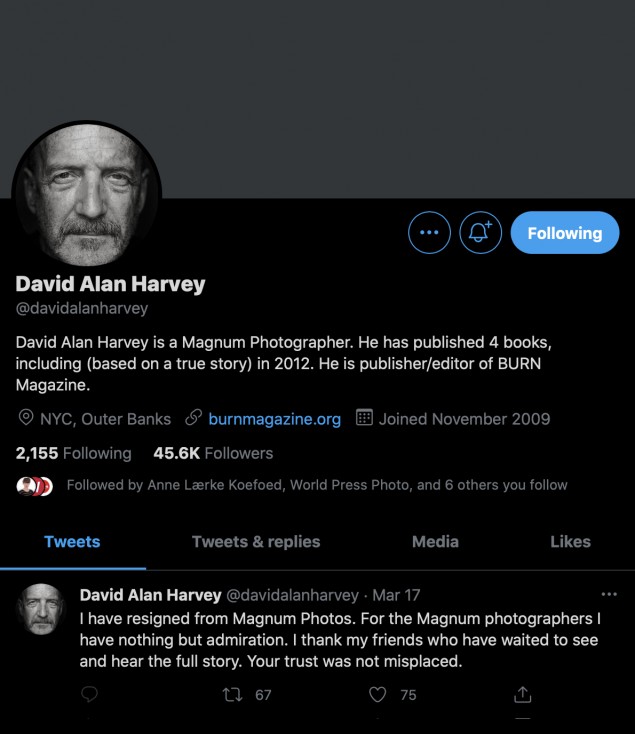 Tweet Davida Alana Harveyho oznamujúci jeho vystúpenie z agentúry Magnum Photos.