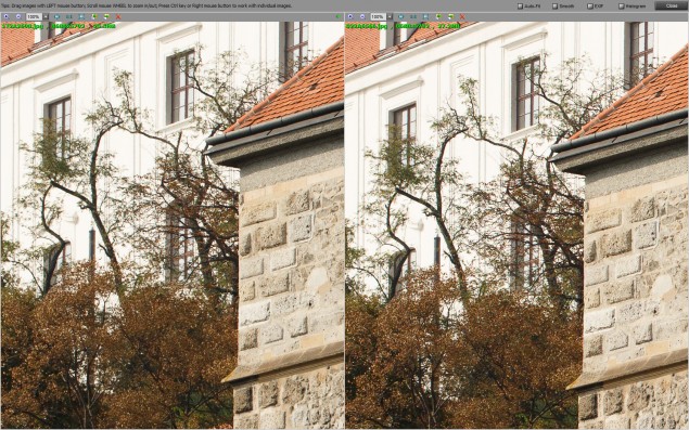 Najväčší rozdiel je vidno v jemných štruktúrach ako sú napríklad stromy v krajine. Vľavo EOS 5Ds, vpravo EOS 5Ds R.