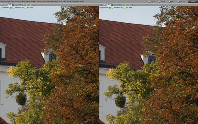 Najväčší rozdiel je vidno v jemných štruktúrach ako sú napríklad stromy v krajine. Vľavo EOS 5Ds, vpravo EOS 5Ds R.