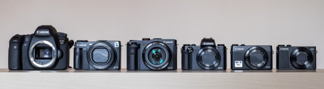 Kompaktné fotoaparát v porovnaní so stredne veľkou zrkadlovkou. Zľava: EOS 6D, G1 X MarkII, G3 X, G5 X, G7 X, G9 X