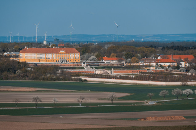 Pohľad na Schloss Hof zo Sandbergu (Devínska kobyla).