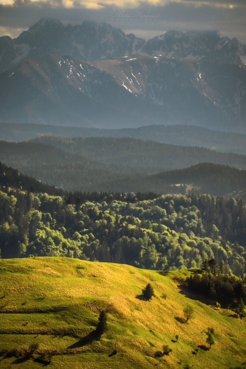 Večerný pohľad na Tatry a Lesnické sedlo v Pieninách